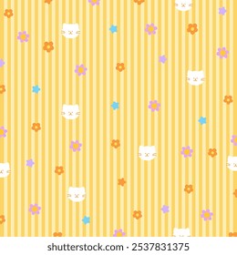 Pastel yellow stripe background with cat, star, flower for wallpaper, backdrop, animal print, fabric, textile, garment, pet cloth, phone case, picnic blanket, kitten cartoon, gift wrap, vet, pet shop