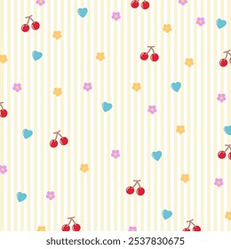 Pastel yellow stripe background with flower, cherry, heart for wallpaper, backdrop, card print, fabric, textile, garment, pet clothes, phone case, picnic blanket, paper design, gift wrap, book cover