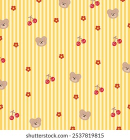 Pastel yellow stripe background with teddy bear, cherry, flower for wallpaper, backdrop, animal print, fabric, textile, garment, pet clothes, phone case, picnic blanket, zoo, souvenir shop, gift wrap