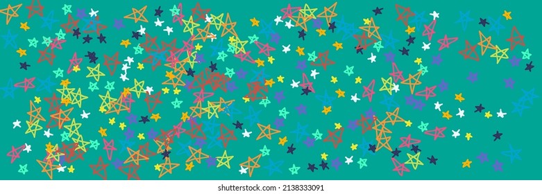 Pastel Yellow Vivid Grey Turquoise Naive Violet Handdrawn Stars. Neon Purple Green Orange Childish Chaotic Vibrant Acid Wallpaper. Kids Bright Mint Blue Stars Black Kids Illustration.