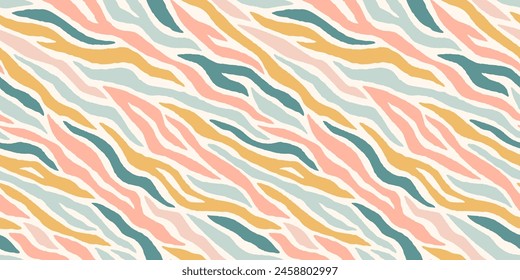 Pastel zebra pattern. Abstract zebra stripes seamless pattern in groovy flat style. Animal skin tiger stripes collage background in boho retro colors. Hand drawn gender neutral pastel safari print.