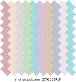 Pastel zigzag, striped geometric, multicolor wave, retro chevron seamless pattern vector illustration, vertical soft abstract background design.