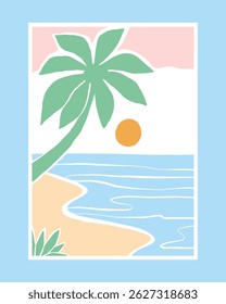 Paisagens de verão abstratas e coloridas com praias, ondas, ilhas, falésias, palmeiras e pôr do sol em ilustrações modernas de estilo mínimo.