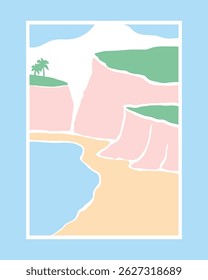 Pastel-colored abstract summer landscapes with beaches, waves, islands, cliffs, palm trees, and sunsets in modern minimal style illustrations.