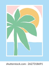Pastel-colored abstract summer landscapes with beaches, waves, islands, cliffs, palm trees, and sunsets in modern minimal style illustrations.