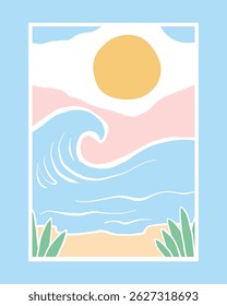 Pastel-colored abstract summer landscapes with beaches, waves, islands, cliffs, palm trees, and sunsets in modern minimal style illustrations.