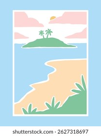 Pastel-colored abstract summer landscapes with beaches, waves, islands, cliffs, palm trees, and sunsets in modern minimal style illustrations.