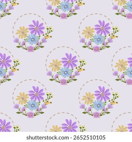 Bouquet margarida cor pastel em círculos pontilhados decorativos, ideal para papéis de parede, embalagens e desenhos femininos.