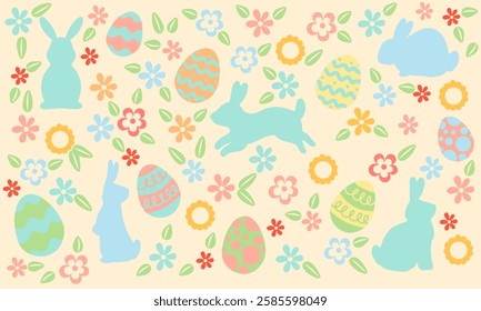 Pastel-colored easter bunnies and decorated eggs create a cheerful spring pattern, ideal for holiday-themed projects and designs