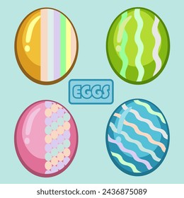 Pastel-colored eggs with mixed patterns and colors