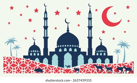 Pastel-colored Eid al-Adha background featuring a mosque silhouette. A minimalist design suitable for festive greetings and holiday-themed projects.