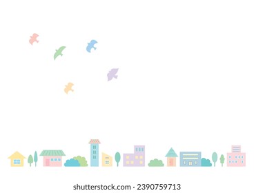 Pastel-colored fairy tale-like building district with dancing birds