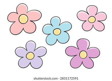 Pastel-colored flowers float alone. Simple, cute design for kids or spring themes.