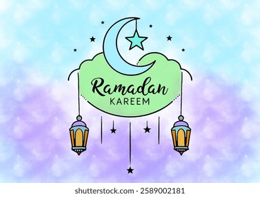 A pastel-colored graphic celebrating Ramadan Kareem, with a crescent moon and star, and hanging lanterns.