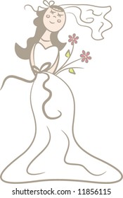 Pastel-colored illustration of a happy brunette bride dreaming of happy years to come; isolated (vector)