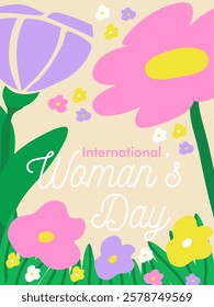 Pastel-colored International Women's Day greeting card with a cute floral design. Perfect for postcards, invitations, bookmarks, social media posts, banners