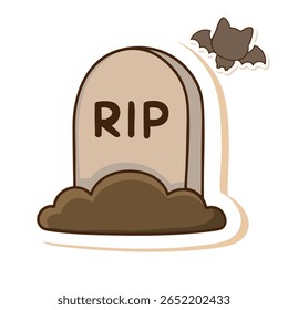 A lápide kawaii de cor pastel com um morcego sorridente e uma inscrição "RIP". Perfeito para conjuntos de adesivos de Halloween, decoração infantil assustadora, mas doce, e ilustrações sazonais.