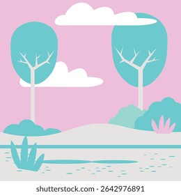 A pastel-colored, minimalistic landscape illustration featuring stylized trees and bushes, calm water, and clouds under a soft pink sky