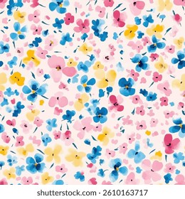 Pastel-colored pattern of tiny pink, blue, and yellow tiny flower seamless pattern vector illustration, doodle summer, kids and baby designs for print fabric.