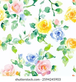 Pastel-colored rose pattern on a white background, watercolor flower seamless pattern. Watercolor print in rustic vintage style, textile or wallpapers.