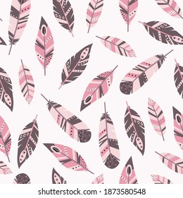 Pastel-colored seamless background with feathers of bird. Repeating texture on white background. Vector illustration in flat style. Good fabric print, greeting card, wrapping, wallpapers, etc.