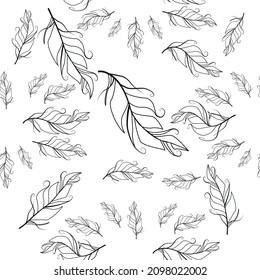 Pastel-colored seamless feather pattern. Seamless background with feathers of bird. Boho style