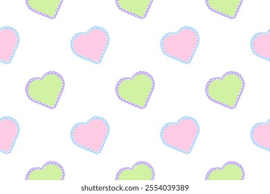 Pastel-colored seamless heart pattern with lace details, ideal for Valentines designs, crafts, and wallpapers.