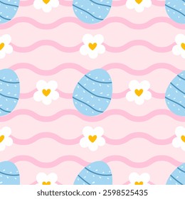 Pastel-colored seamless vector illustration with Easter eggs, flowers, and gentle wavy lines, creating a cozy atmosphere, perfect for spring Easter festivities and baby products