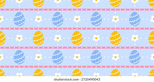 Pastel-colored seamless vector illustration with Easter eggs, flowers, and gentle lines, creating a cozy atmosphere, perfect for spring Easter festivities and baby products