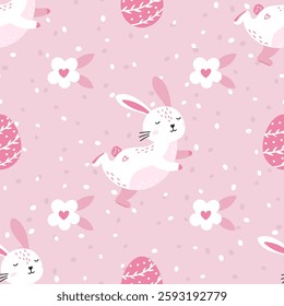 Pastel-colored seamless vector pattern with bunnies, eggs, and spring flowers, perfect for wrapping paper, children s clothing, and celebrating the Easter holiday