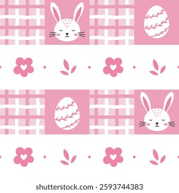 Pastel-colored seamless vector pattern with bunnies, eggs, spring flowers and checkered patterns, perfect for wrapping paper, children s clothing, and celebrating the Easter holiday