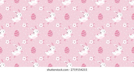 Patrón de Vector sin costuras de color pastel con conejitos, huevos y flores de primavera, perfecto para envolver papel, ropa de niños y celebrar las vacaciones de Pascua