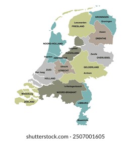Pastel-Colored Simplified Administrative Map of the Netherlands with City and Province Names - Vector Illustration, Isolated on White Background, Perfect for Digital Designs and Infographics