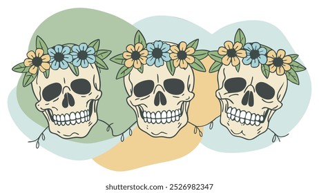 Pastel-colored skulls, boho, flowers, minimalistic, hand-drawn style, Day of the Dead design