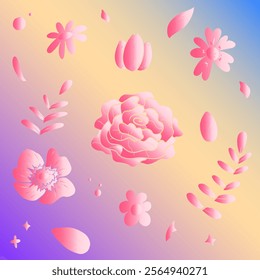 A pastel-colored vector illustration featuring pink roses, daisies, lotus flowers, and delicate leaves on a soft gradient background of yellow, blue, and purple. 