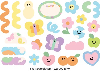 A pastel-coloured set of vector illustrations including abstract shapes, strokes, doodles, flowers, fruits and animals. For decorations, frames, stickers, planners, etc.