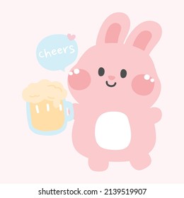 Pastel.Cute rabbit hold beer glassware cartoon.Party.Cheers text.Kawaii.Vector.Illustration.