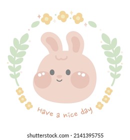 Pastel.Cute smile rabbit face with flower and leaf cartoon on white background.Animal character design.Kawaii.Vector.Illustration.