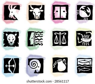 pastell colored round splotches with signs of the zodiac