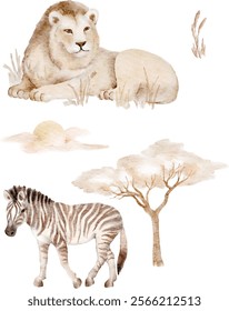 pastelle color palette, clipart on white isolated, handdrawn lione and zebra