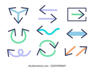 Pastels arrow set in cartoon design. Each arrow with its delicate colors and graceful curves, embodies a soothing and elegant style, perfect for charming visuals. Vector illustration.