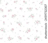 Pastels pink cute small rose flowers with green leaves on white background, simple ditsy style. Seamless pattern for textile, fashion fabric print, decor, design, woman and home collection. Vector 