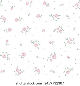 Pastels pink cute small rose flowers with green leaves on white background, simple ditsy style. Seamless pattern for textile, fashion fabric print, decor, design, woman and home collection. Vector 