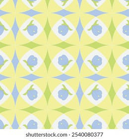 Pastels of Yellow Blue Lime Green and White in a Geometric Tile Design creating a seamless pattern print background