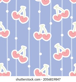 Pastel.Seamless pattern of cute heart shape cherry cartoon on blue background.Fruit hand drawn.Kid graphic design.Image for baby cloth,paper gift,wallpaper,card.Art.Repeat.Kawaii.Vector.Illustration.