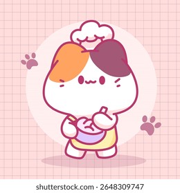 A pastel-style cat chef stirring ingredients in a bowl, wearing a chef hat and pink outfit.