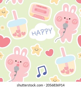 Pastel.Textura.Patrón sin foco de conejo rosa lindo, té de leche de burbuja, canción de cinta, estrella, corazón, nota caricatura sobre fondo verde.Diseño de personaje animal.Imagen para tarjeta, cartel, papel pintado.Vector.Ilustración.