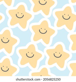 Pastel.Texture.Seamless pattern of cute smile face star cartoon on blue background.Image for card,banner,wallpaper,baby cloth,paper gift,kid product.Kawaii.Art.Sky.Vector.Illustration.