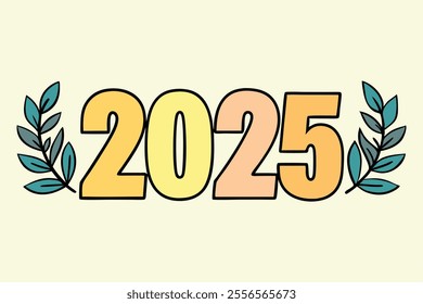 A pastel-themed 2025 illustration featuring decorative leaf accents, New Year greeting