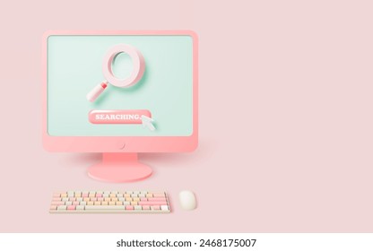 A pastel-themed computer setup with a magnifying glass icon and a "searching" button displayed on the monitor, set against a light pink background. Perfect for tech and search engine-related concepts.